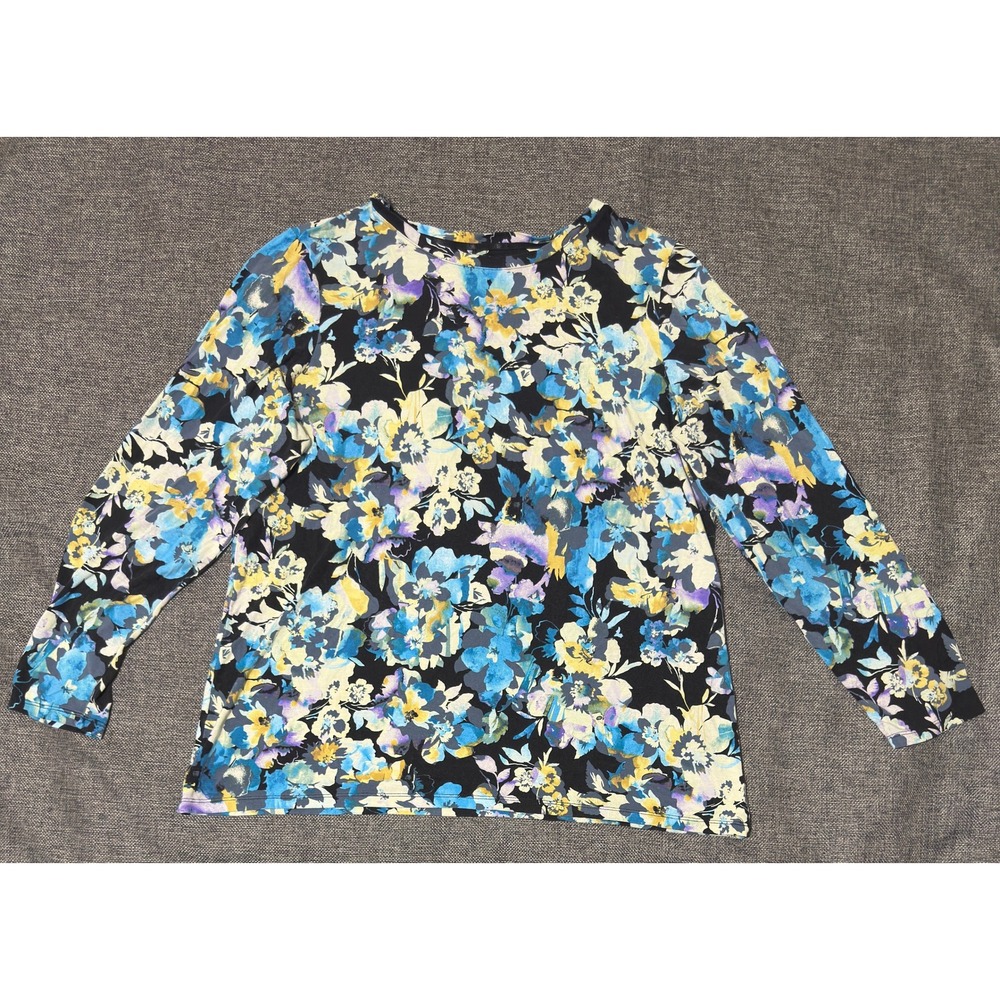 Chico's Womens Size 3 XL Top Floral Long Sleeve Blue Yellow Black